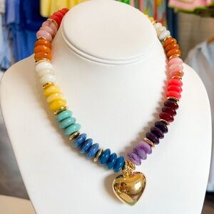 Colorful Rainbow Bead Necklace with Gold Heart Pendant